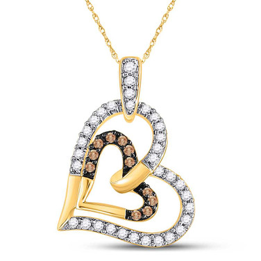 Image of 10kt Yellow Gold Womens Round Brown Diamond Heart Pendant 1/3 Cttw