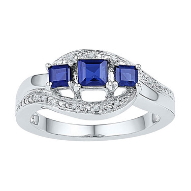 Sterling Silver Womens Princess Lab-Created Blue Sapphire 3-stone Ring 7/8 Cttw