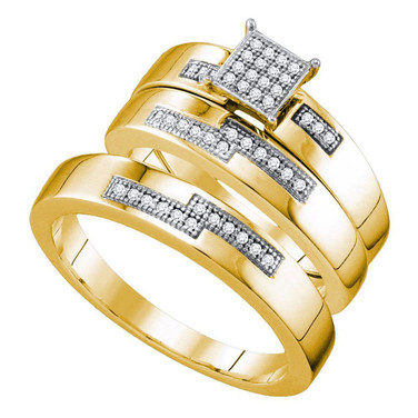 Yellow-Tone Sterling Silver His Hers Round Diamond Square Matching Bridal Wedding Ring Band Set 1/6 Cttw