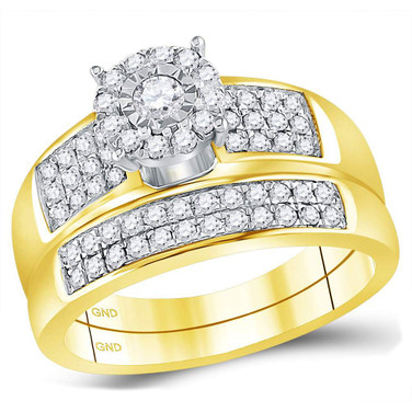 14kt Yellow Gold His & Hers Round Diamond Solitaire Matching Bridal Wedding Ring Band Set 7/8 Cttw