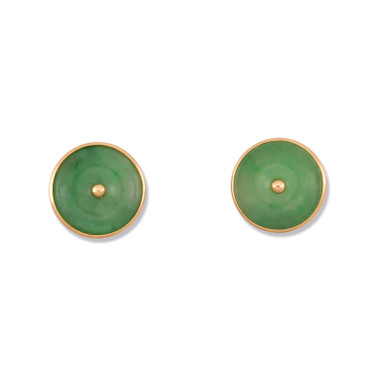 9mm 18K Yellow Gold & Green Jadeite Jade Round Disc Stud Earrings