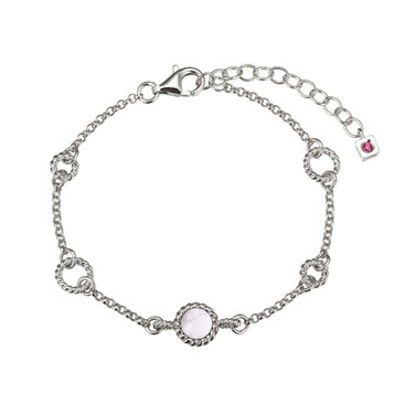 ELLE Jewelry - "Nautical Collection" 6.5"+1.5" Rhodium-plated Sterling Silver Chain Bracelet w/ Round Rope Stations & Genuine 6mm Round Howlite Center
