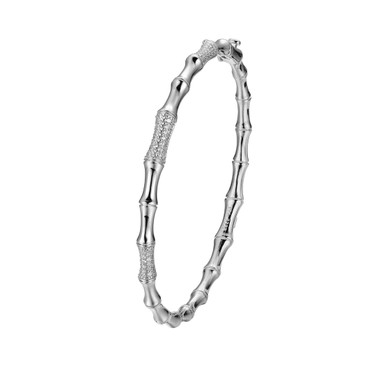 ELLE Jewelry -  "Bamboo Collection" 6.75" Rhodium-plated Sterling Silver Bangle Bracelet w/ CZs