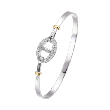 Charles Garnier 6.75" Rhodium-plated Sterling Silver Hook Bangle Bracelet w/ CZ Marina Link Top & Gold-plated Accents