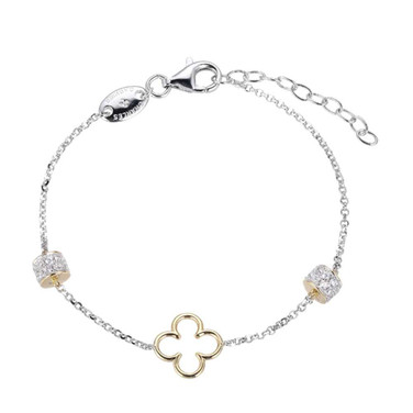 Image of Charles Garnier 6.75" + 1.25" Rhodium & Gold-plated Sterling Silver Rolo Chain Bracelet w/ Clover Center & CZ Rondelles