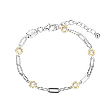 Charles Garnier 6.75"+1.25" Rhodium-& Gold-plated Sterling Silver Paperclip Chain Bracelet w/ 5 Round CZ Stations