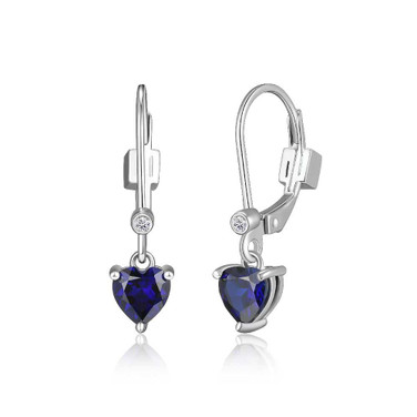 Image of ELLE Jewelry - Rhodium-plated Sterling Silver Lever Back Dangle Earrings w/5mm Heart Shaped Lab Created Sapphire & Lab Grown Diamond