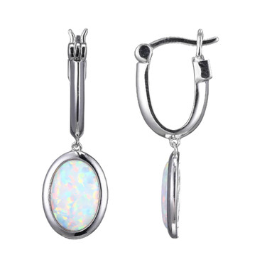 ELLE Jewelry - "Mirage Collection" Rhodium-plated Sterling Silver Oval Hoop Earrings w/ 10mm x 7mm Created Opal Drop