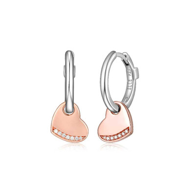 Image of ELLE Jewelry - "Motif Collection" 13mm Rhodium-plated Sterling Silver Hoop Earrings w/ Rose Gold-plated CZ Hearts