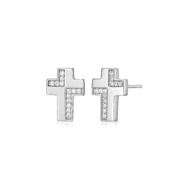 ELLE Jewelry - "Motif Collection" Rhodium-plated Sterling Silver CZ Cross Stud Earrings