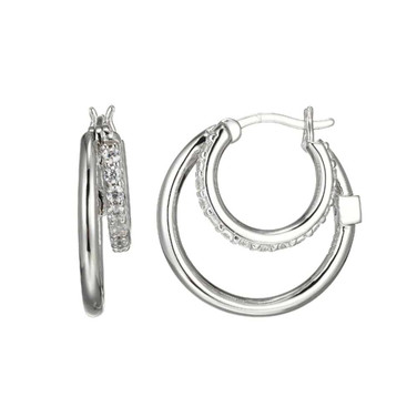 Image of ELLE Jewelry - "Simpatico Collection" Rhodium-plated Sterling Silver Double Hoop Earrings w/ CZs