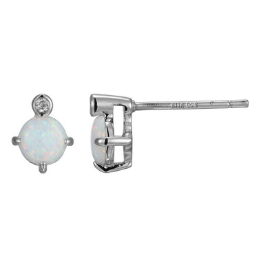 ELLE Jewelry - "Birthstone Collection" Rhodium-plated Sterling Silver Stud Earrings w/ 5mm Created Opal & Lab Grown Diamond
