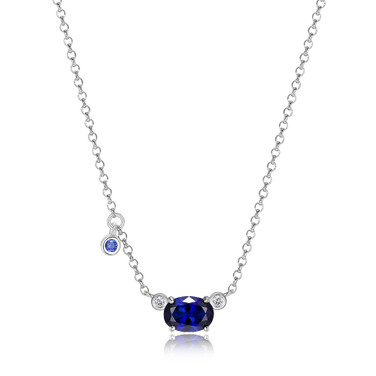 ELLE Jewelry - 18"+2" Rhodium-plated Sterling Silver Necklace w/ 7mm x 5mm Lab Created Sapphire & Lab Grown Diamond