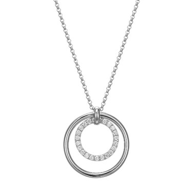 Image of ELLE Jewelry - "Simpatico Collection" 18"+2" Rhodium-plated Sterling Silver Necklace w/ CZ Double Circle Drop Pendant
