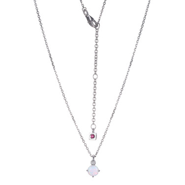 ELLE Jewelry - "Birthstone Collection" 17"+2" Rhodium-plated Sterling Silver Cable Chain Necklace w/ 5mm Round Created Opal & Lab Grown Diamond Pendant