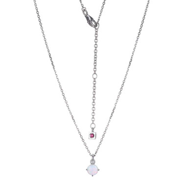 Image of ELLE Jewelry - "Birthstone Collection" 17"+2" Rhodium-plated Sterling Silver Cable Chain Necklace w/ 5mm Round Created Opal & Lab Grown Diamond Pendant