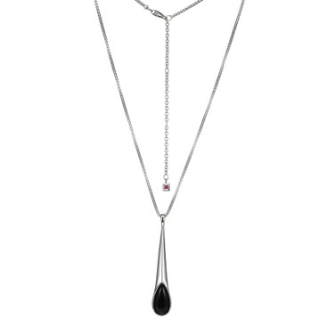 ELLE Jewelry - "Ethereal Drops" Rhodium-plated Sterling Silver 17"+3" Box Chain Necklace w/ Black Agate Pendant