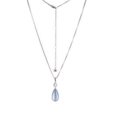 ELLE Jewelry - "Ethereal Drops" Sterling Silver 17"+3" Round Box Chain Necklace w/ Synthetic Blue Topaz & White Mother Of Pearl Doublet Pendant w/ CZ
