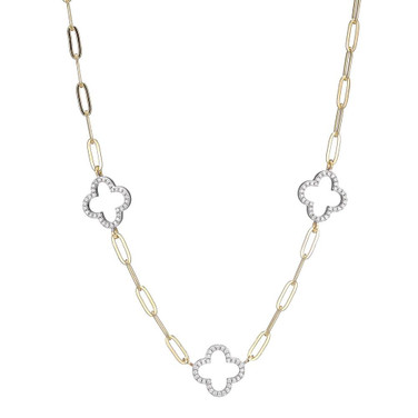 Charles Garnier 17"+2" Gold-plated Sterling Silver Paperclip Chain Necklace w/ 3 CZ Clover Stations