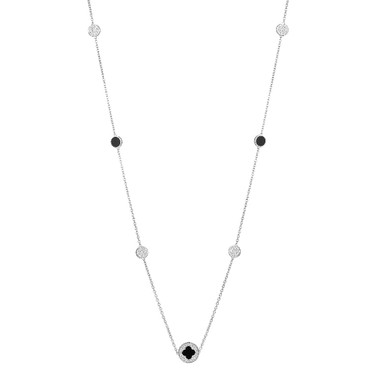 Charles Garnier 24" Rhodium-plated Sterling Silver Cable Chain Necklace w/ Round Black Onyx & CZ Stations & Clover Design Center