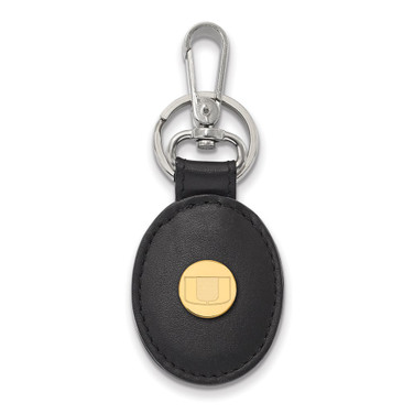 Sterling Silver Gold-plated LogoArt University of Miami U Black Leather Oval Key Chain