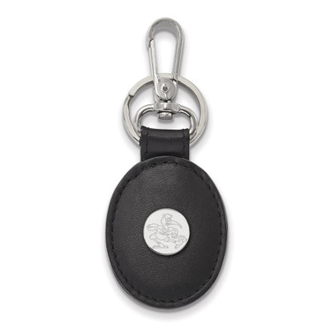 Sterling Silver Rhodium-plated LogoArt University of Miami Black Leather Oval Key Chain