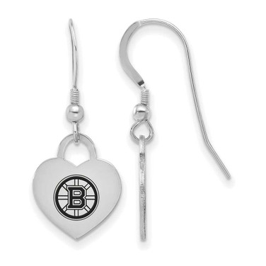 Image of Sterling Silver Rhodium-plated NHL LogoArt Boston Bruins Enamel Heart Dangle Earrings