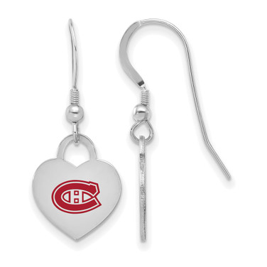 Sterling Silver Rhodium-plated NHL LogoArt Montreal Canadiens Enamel Heart Dangle Earrings