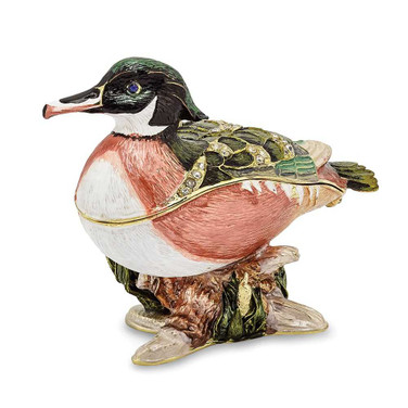 Image of Luxury Giftware Pewter Bejeweled Crystals Gold-tone Enameled WILSON Wood Duck Trinket Box with Matching 18 Inch Necklace (Gifts)