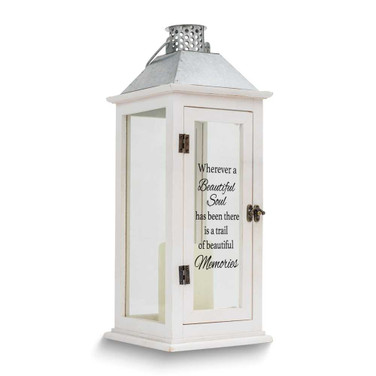 Image of BEAUTIFUL SOUL Memorial Sentiment LED Candle White Metal Lantern (Gifts)