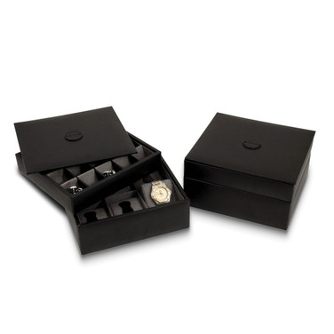 Black Leather Stackable Twenty Slot Cufflink and Six Watch Velour Lining Case (Gifts)