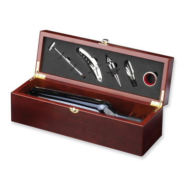 Stainless Steel Bar Tools in Rosewood Finish Wood Wine Storage Box Set - Includes Bartender's Tool, Thermometer, Stopper, Pourer, and Drip Ring (Gifts)