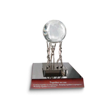 Image of Together We Can Metal Figures Holding Crystal Globe with Mahogany Finish Wood Base Inspirational Desk Sculpture/Award (Gifts)