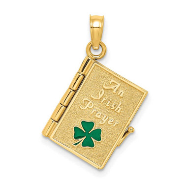 Image of 14K Yellow Gold 3-D Moveable Enameled AN IRISH PRAYER Book w/Clover Pendant