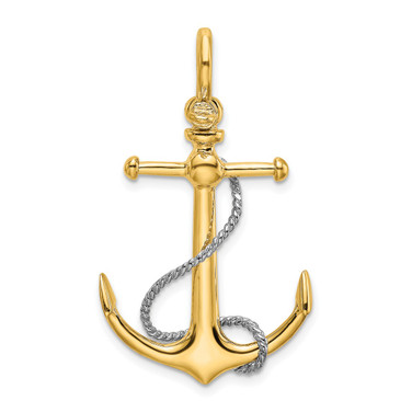 10K Two-tone Gold 3-D Anchor w/T Bar and Rope w/Shackle Bail Pendant