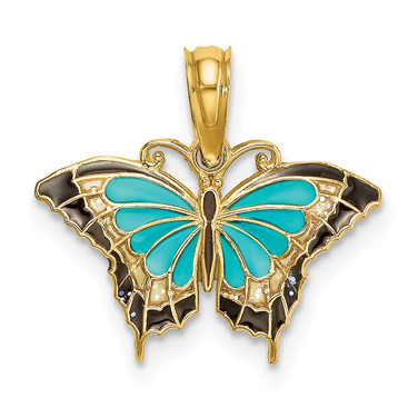 10K Yellow Gold Small Blue Enameled Wings Butterfly Pendant