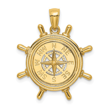 14K Yellow Gold Ships Wheel w/ Nautical Compass Pendant