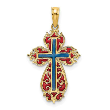 Image of 14K Yellow Gold w/ Blue and Red Enameled Cross Pendant