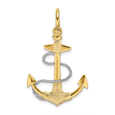14K Two-tone Gold 3-D Small Anchor w/Rope and Shackle Bail Pendant
