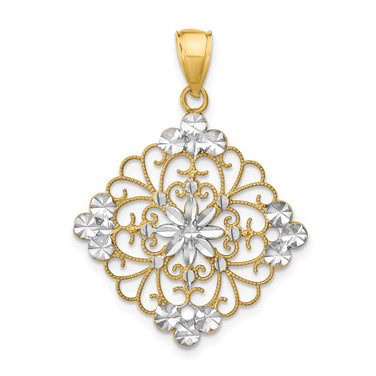 14K Yellow Gold w/Rhodium Diamond-cut Filigree Medallion Pendant