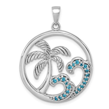 Image of Sterling Silver Rhodium-Plated CZ Wave and Palm Tree Pendant