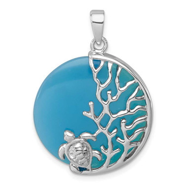 Image of Sterling Silver Rhodium-Plated Polished Blue Agate Turtle & Reef Round Pendant