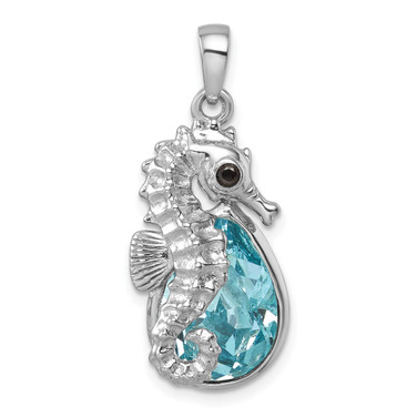 Sterling Silver Rhodium-plated Polished Crystal Background Seahorse Pendant