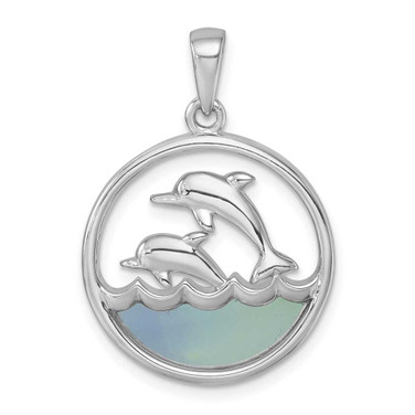 Image of Sterling Silver Rhodium-plated Polished Round Blue Agate Double Dolphin Pendant