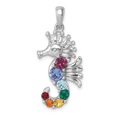 Sterling Silver Rhodium-plated Polished Multi-Color Crystal Seahorse Pendant