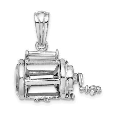 De-Ani Sterling Silver Rhodium-Plated Polished 3D Moveable Fishing Reel Pendant