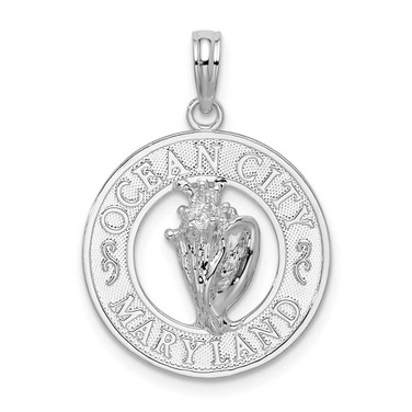 Image of De-Ani Sterling Silver Rhodium-Plated Ocean City Maryland Circle with Shell Pendant