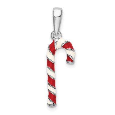 De-Ani Sterling Silver Rhodium-Plated 3D Enameled Candy Cane Pendant