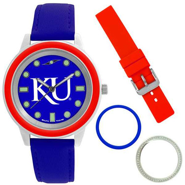 Image of Kansas Jayhawks Colors Watch Gift Set - Stainless Steel Case with Interchangeable Bezels