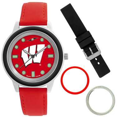 Wisconsin Badgers Colors Watch Gift Set - Stainless Steel Case with Interchangeable Bezels